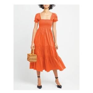 NWT Womens Square Neck‎ Puff Sleeve Smocked Ruffle A Line Midi Dress Orange XL